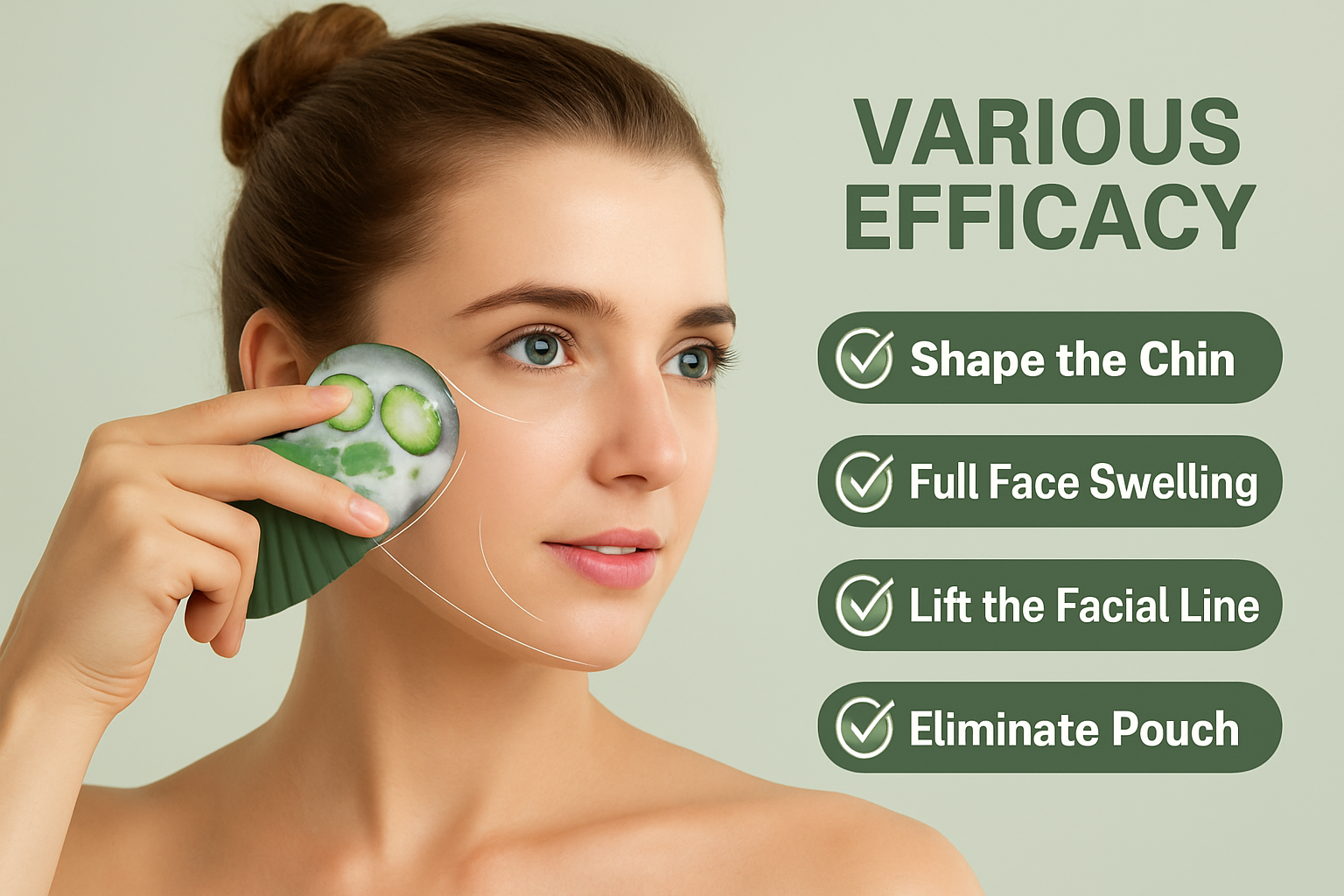 Women using ice face roller on right cheek, text on image stating various efficacy and listing shape the chin, full face swelling, lift the facial line and eliminate pouch
